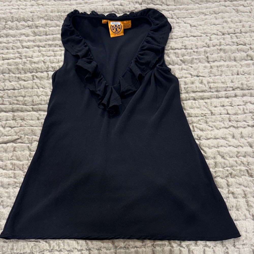 Tory Burch Black Ruffle V-Neck Sleeveless Top